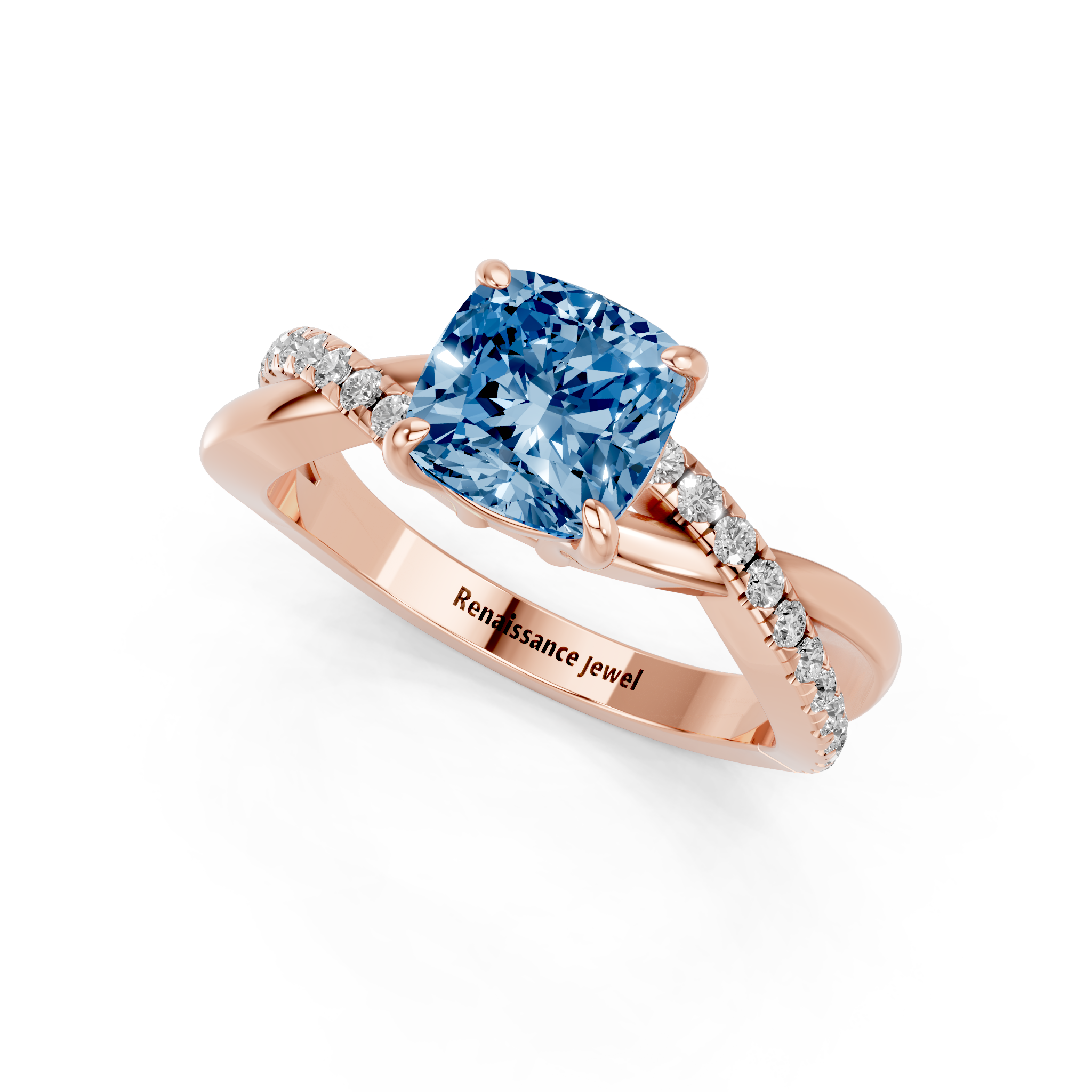 Rose gold Fancy Blue Cushion  Cut Diamond Twist Band Solitaire with Prong Setting_3