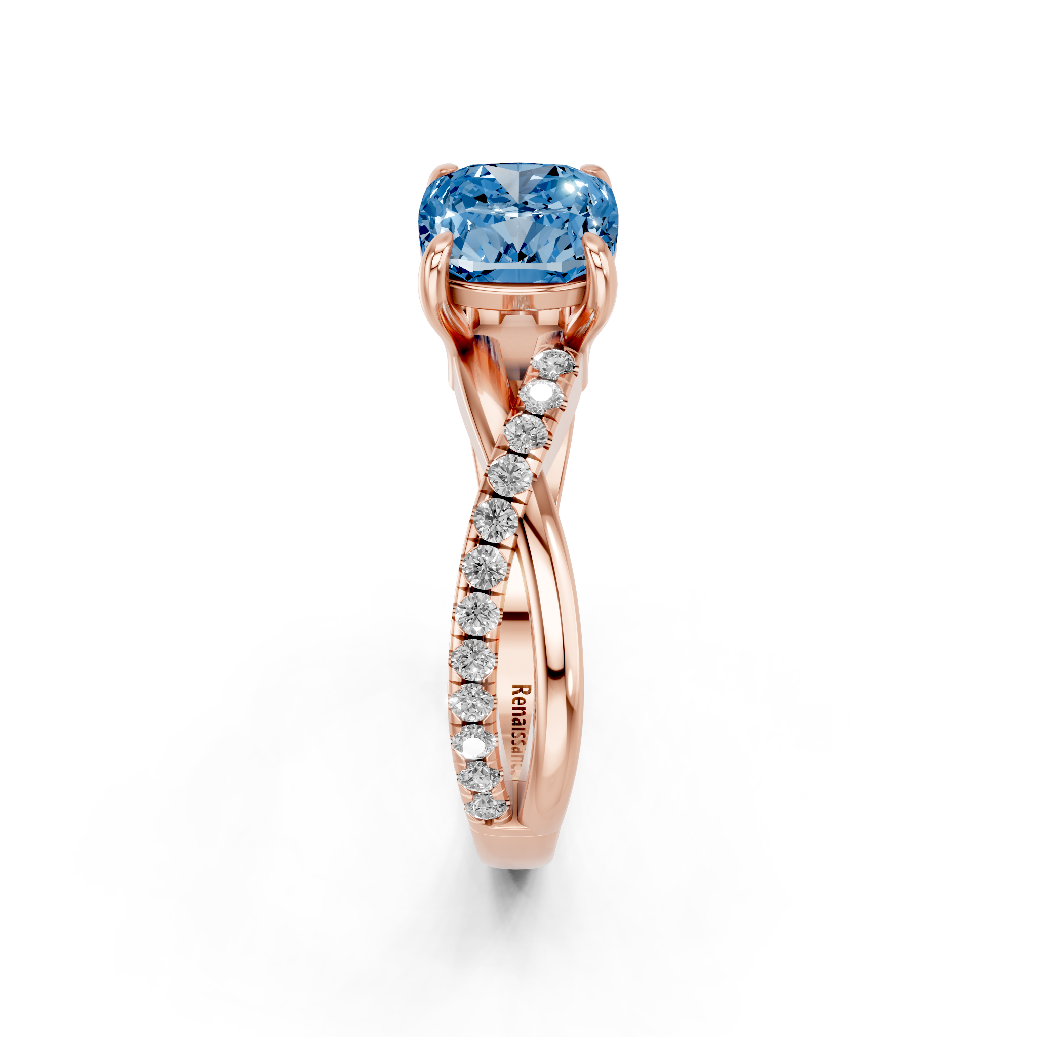 Rose gold Fancy Blue Cushion  Cut Diamond Twist Band Solitaire with Prong Setting_4