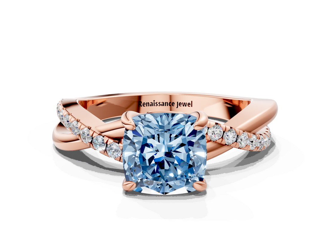 Rose gold Fancy Blue Cushion  Cut Diamond Twist Band Solitaire with Prong Setting_44