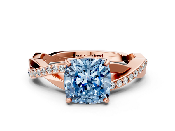 Rose gold Fancy Blue Cushion  Cut Diamond Twisted Band Engagement Ring with Prong Setting