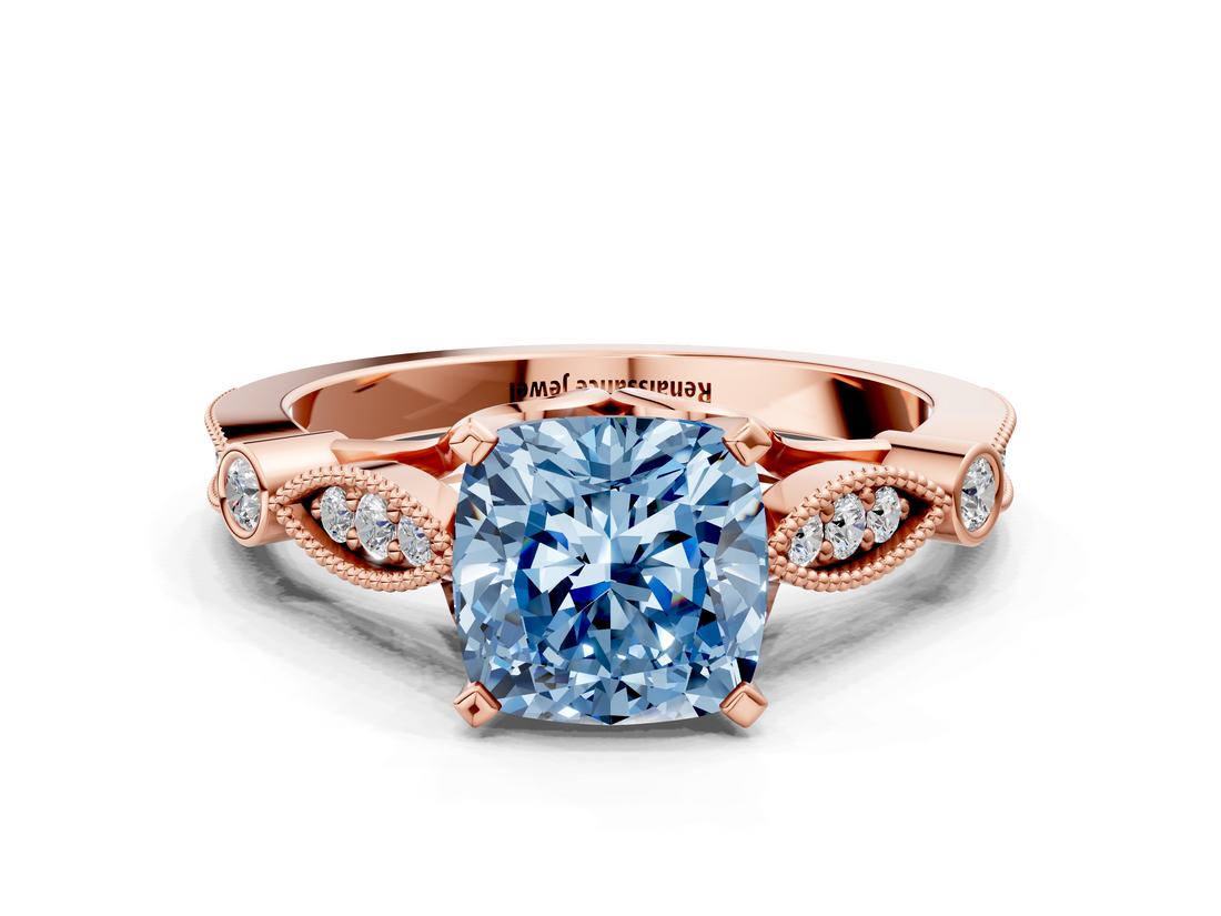 Rose gold Fancy Blue Cushion  Cut Diamond with Milgrain Marquise and Bezel Accents on a Solitaire Band with Prong Setting_187
