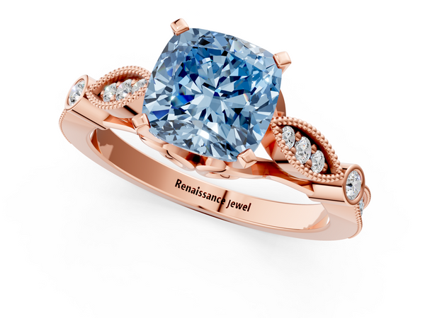 Rose Gold Cushion Cut Vintage Milgrain Engagement Ring Setting for Fancy Blue Center