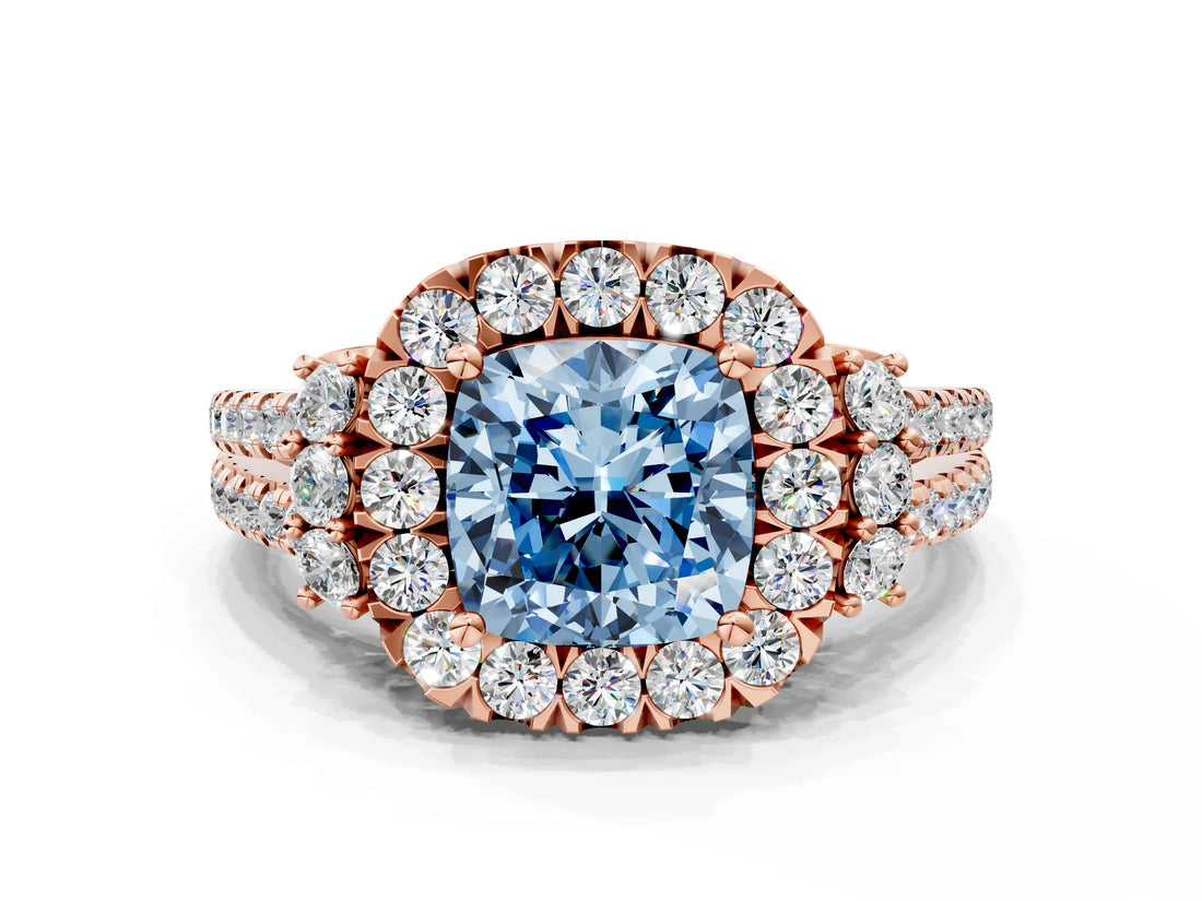 Rose gold Fancy Blue Cushion  Cut Double Halo Diamond Engagement Ring with Pave Band and Four-Prong Setting_42