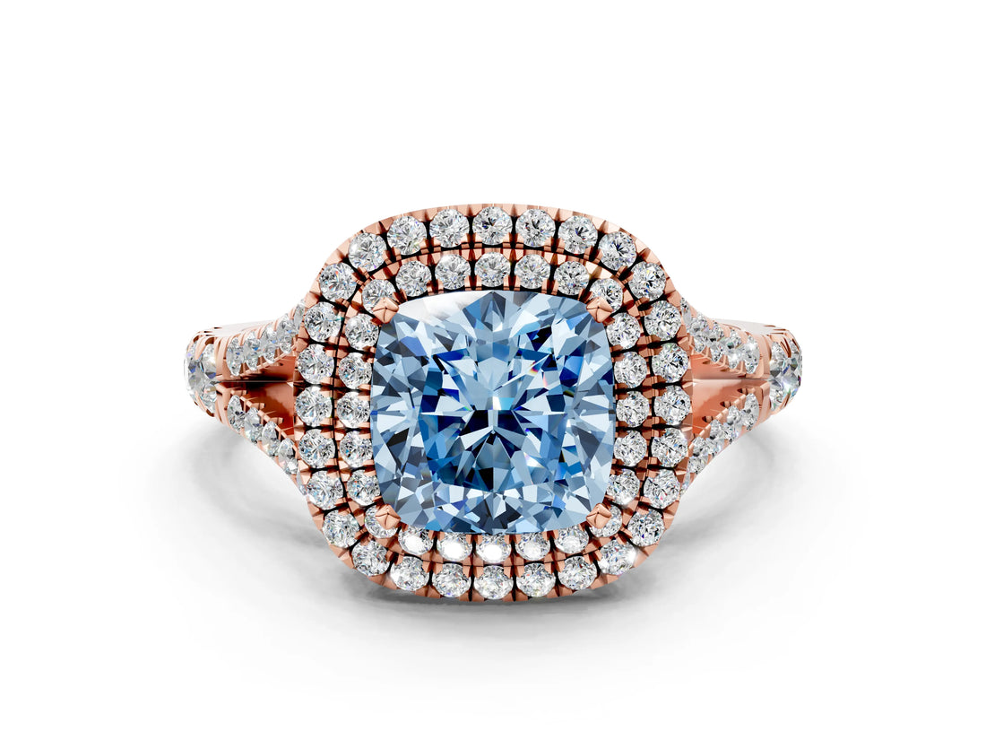 Rose gold Fancy Blue Cushion  Cut Double Halo Split Shank Diamond Ring with Prong Setting_49