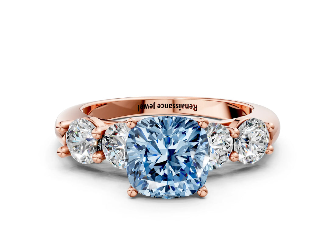 Rose gold Fancy Blue Cushion  Cut Five-Stone Prong Set Diamond Ring with Classic Band_32