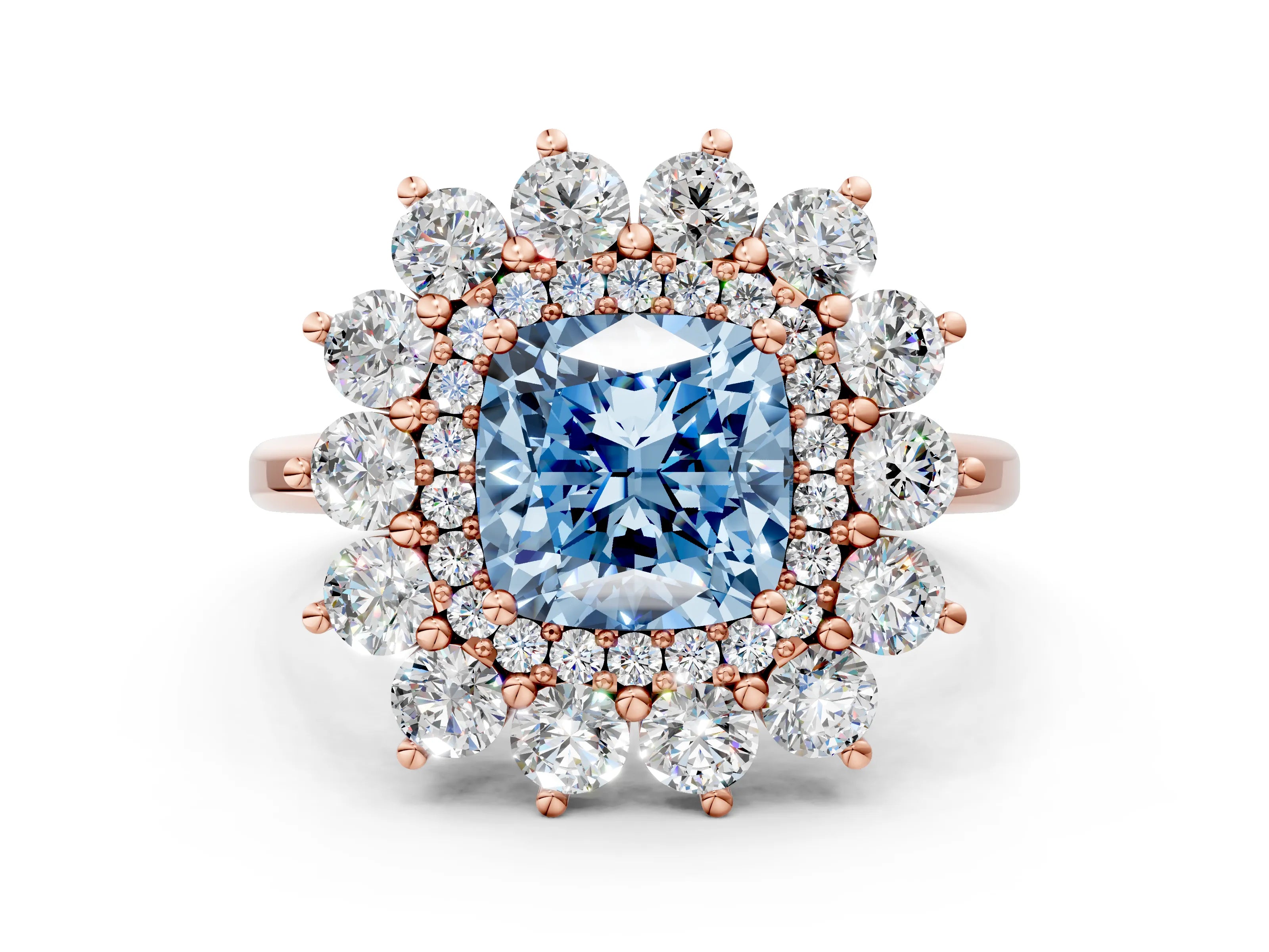 Rose gold Fancy Blue Cushion Cut Halo Cluster Diamond Ring with Pave Band and Four-Prong Setting