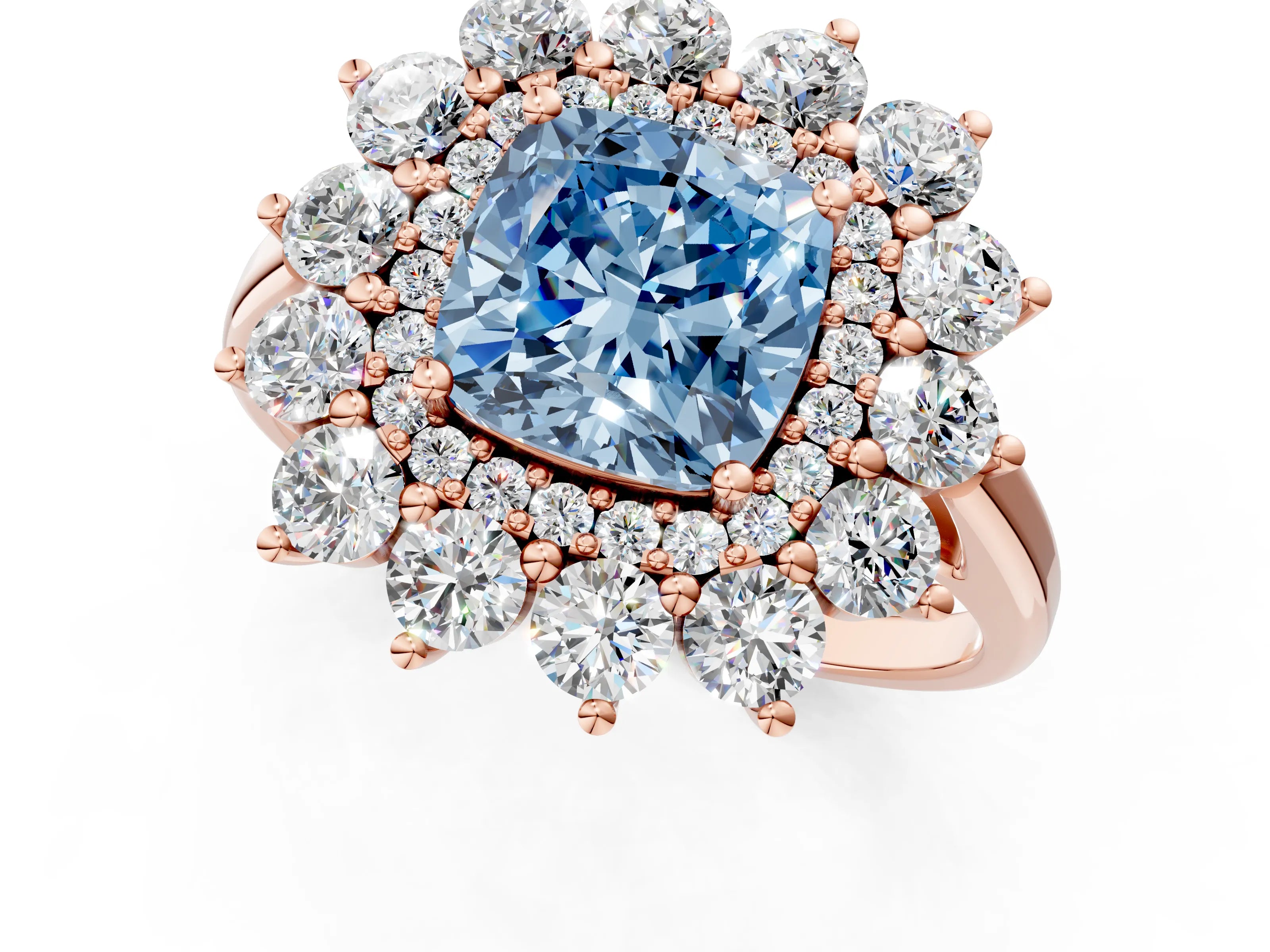 Rose gold Fancy Blue Cushion Cut Halo Cluster Diamond Ring with Pave Band and Four-Prong Setting_1