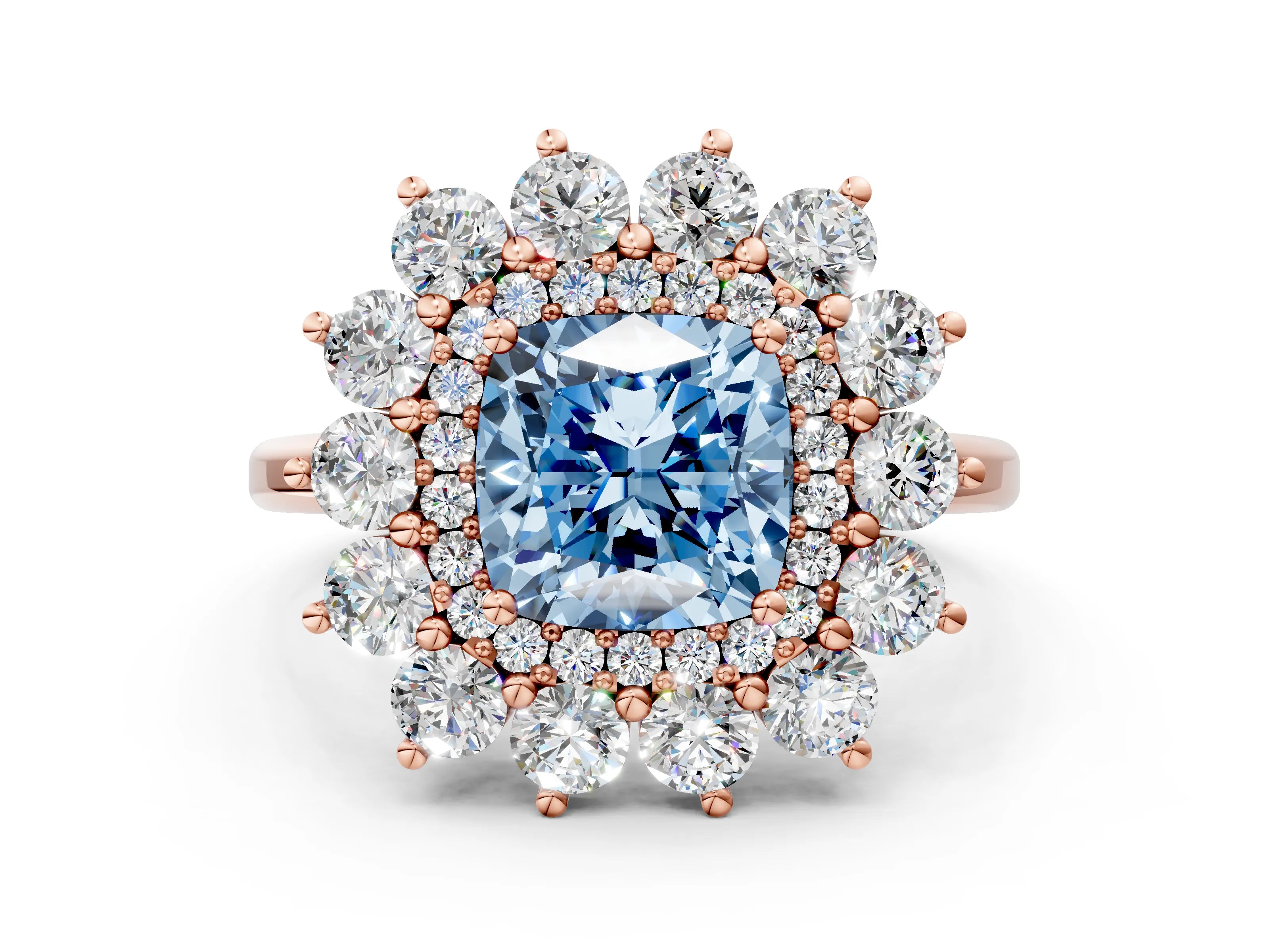 Rose gold Fancy Blue Cushion Cut Halo Cluster Diamond Ring with Pave Band and Four-Prong Setting_12