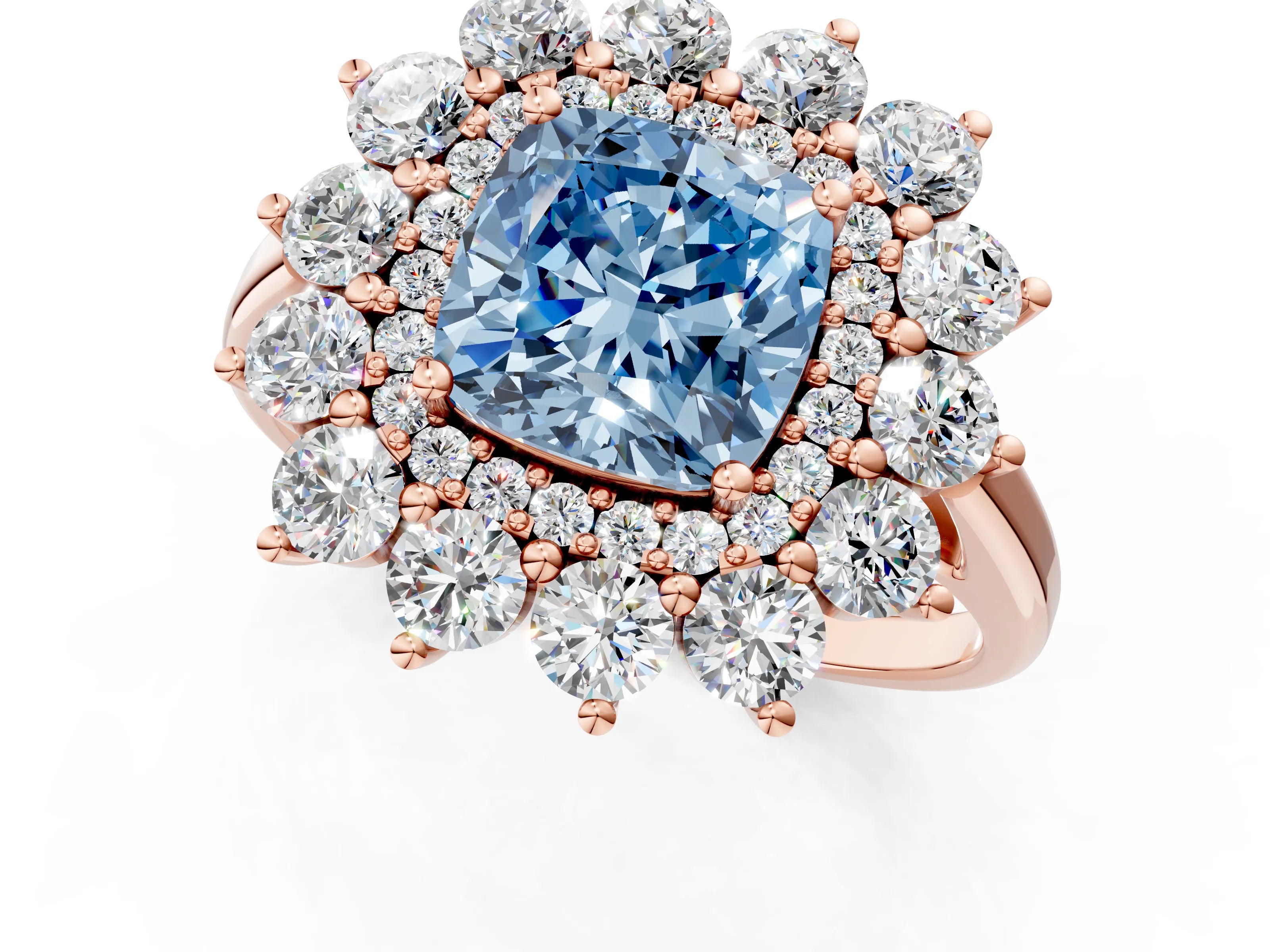 Rose gold Fancy Blue Cushion Cut Halo Cluster Diamond Ring with Pave Band and Four-Prong Setting_13