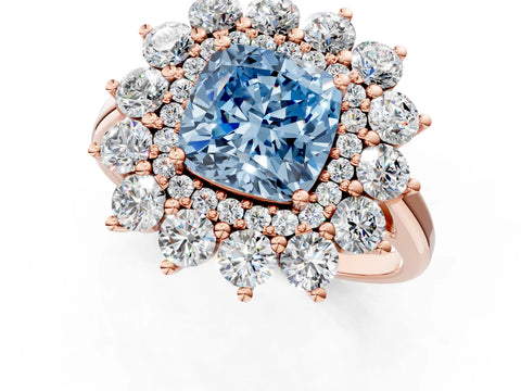 Rose gold Fancy Blue Cushion Cut Halo Cluster Diamond Ring with Pave Band and Four-Prong Setting_13