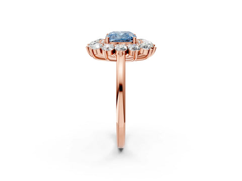 Rose gold Fancy Blue Cushion Cut Halo Cluster Diamond Ring with Pave Band and Four-Prong Setting_14