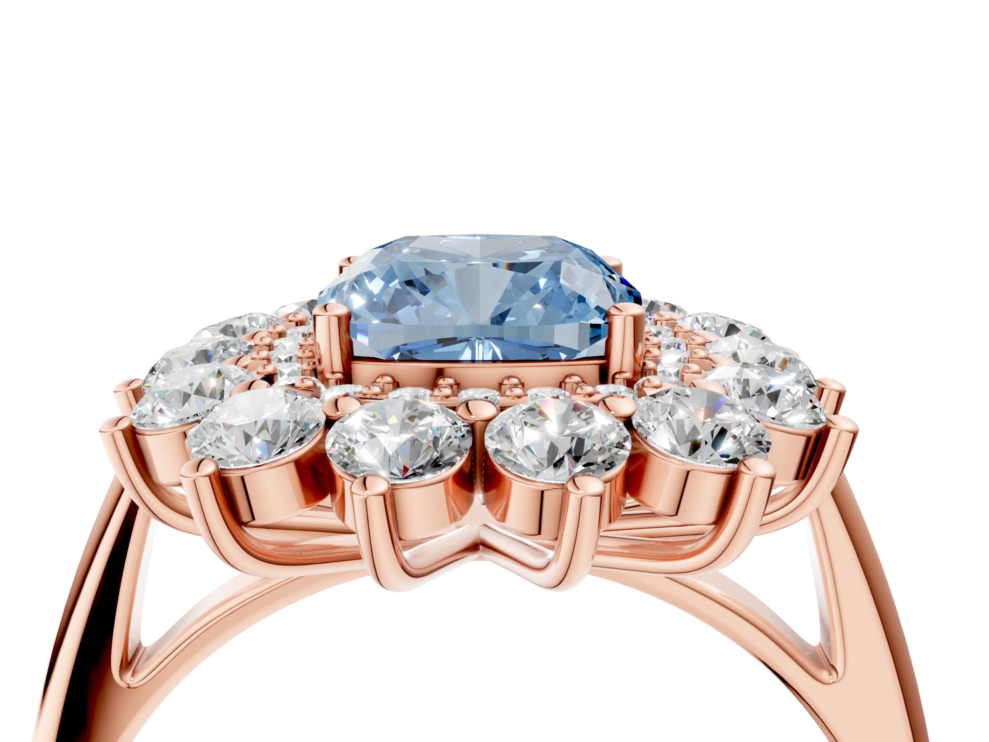 Rose gold Fancy Blue Cushion Cut Halo Cluster Diamond Ring with Pave Band and Four-Prong Setting_16