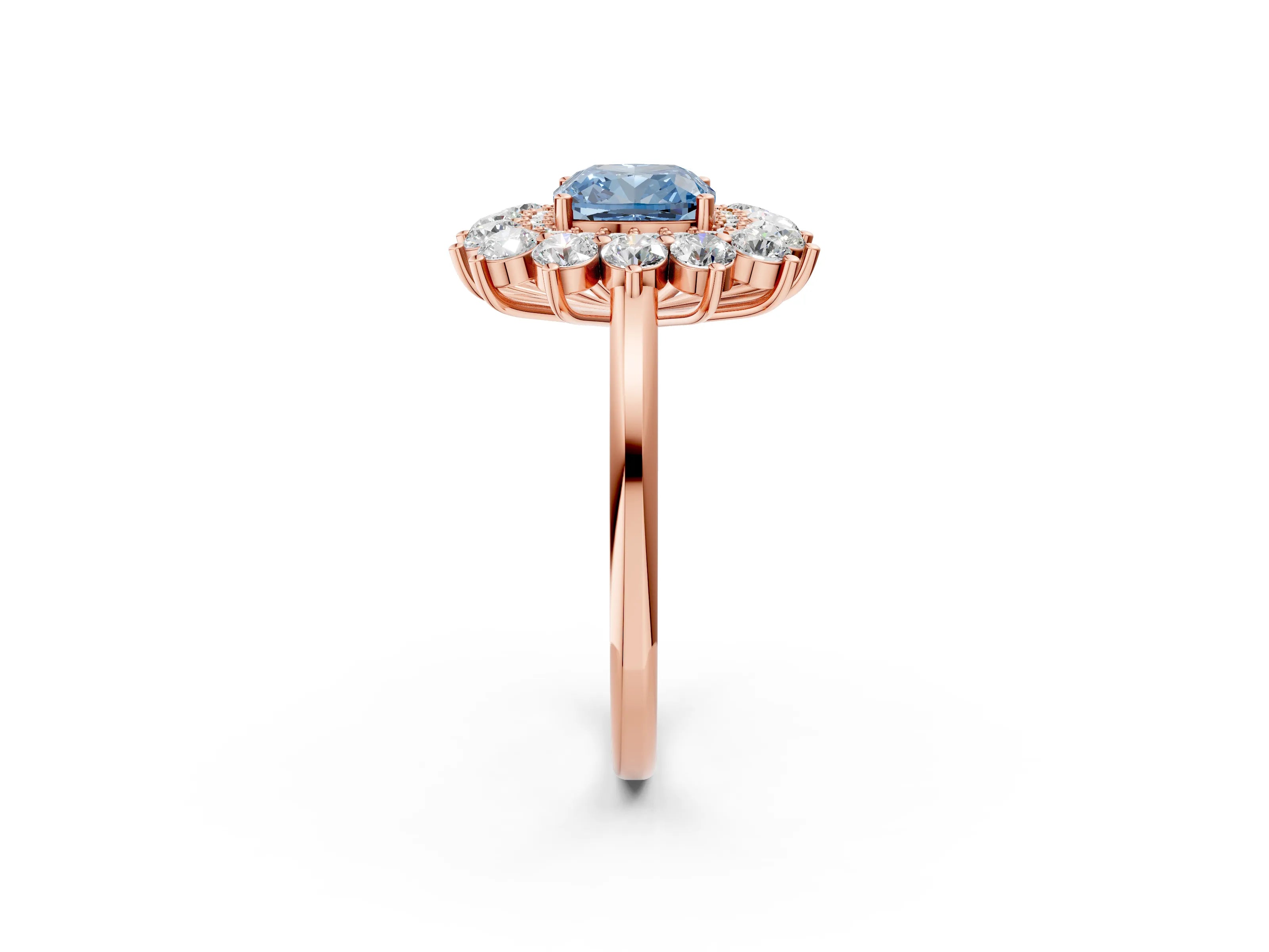 Rose gold Fancy Blue Cushion Cut Halo Cluster Diamond Ring with Pave Band and Four-Prong Setting_2