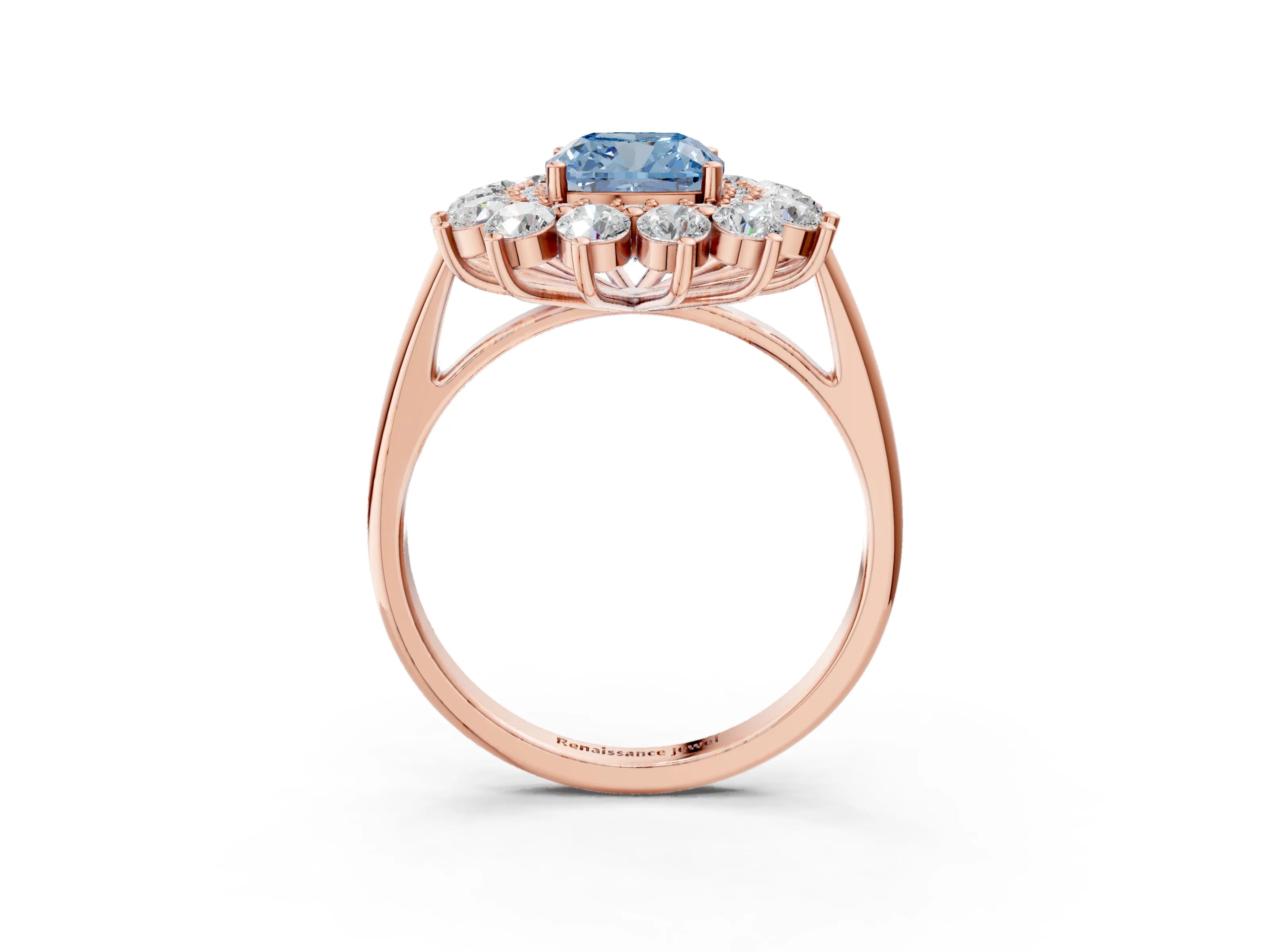 Rose gold Fancy Blue Cushion Cut Halo Cluster Diamond Ring with Pave Band and Four-Prong Setting_3
