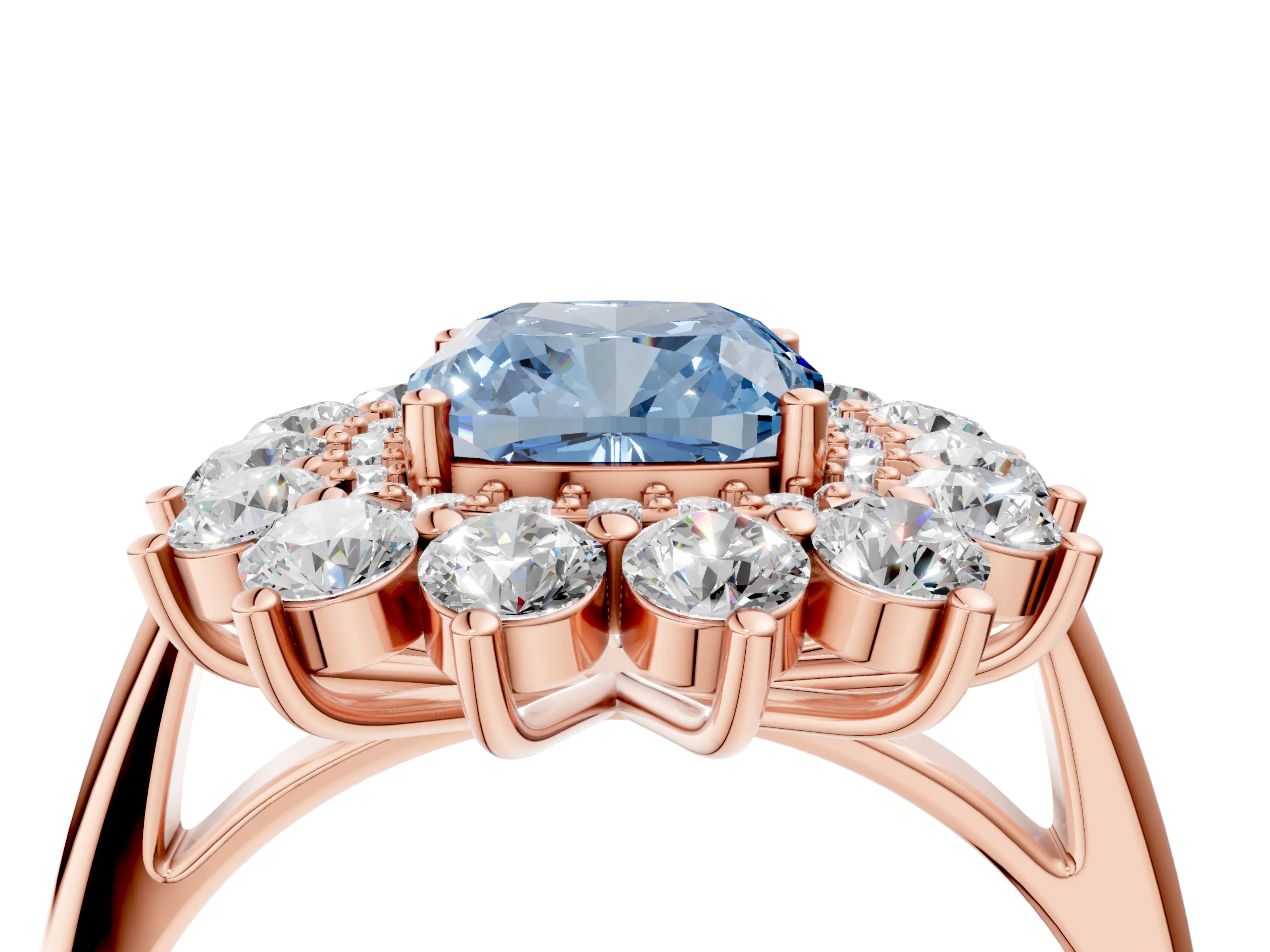 Rose gold Fancy Blue Cushion Cut Halo Cluster Diamond Ring with Pave Band and Four-Prong Setting_4