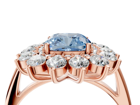 Rose gold Fancy Blue Cushion Cut Halo Cluster Diamond Ring with Pave Band and Four-Prong Setting_4