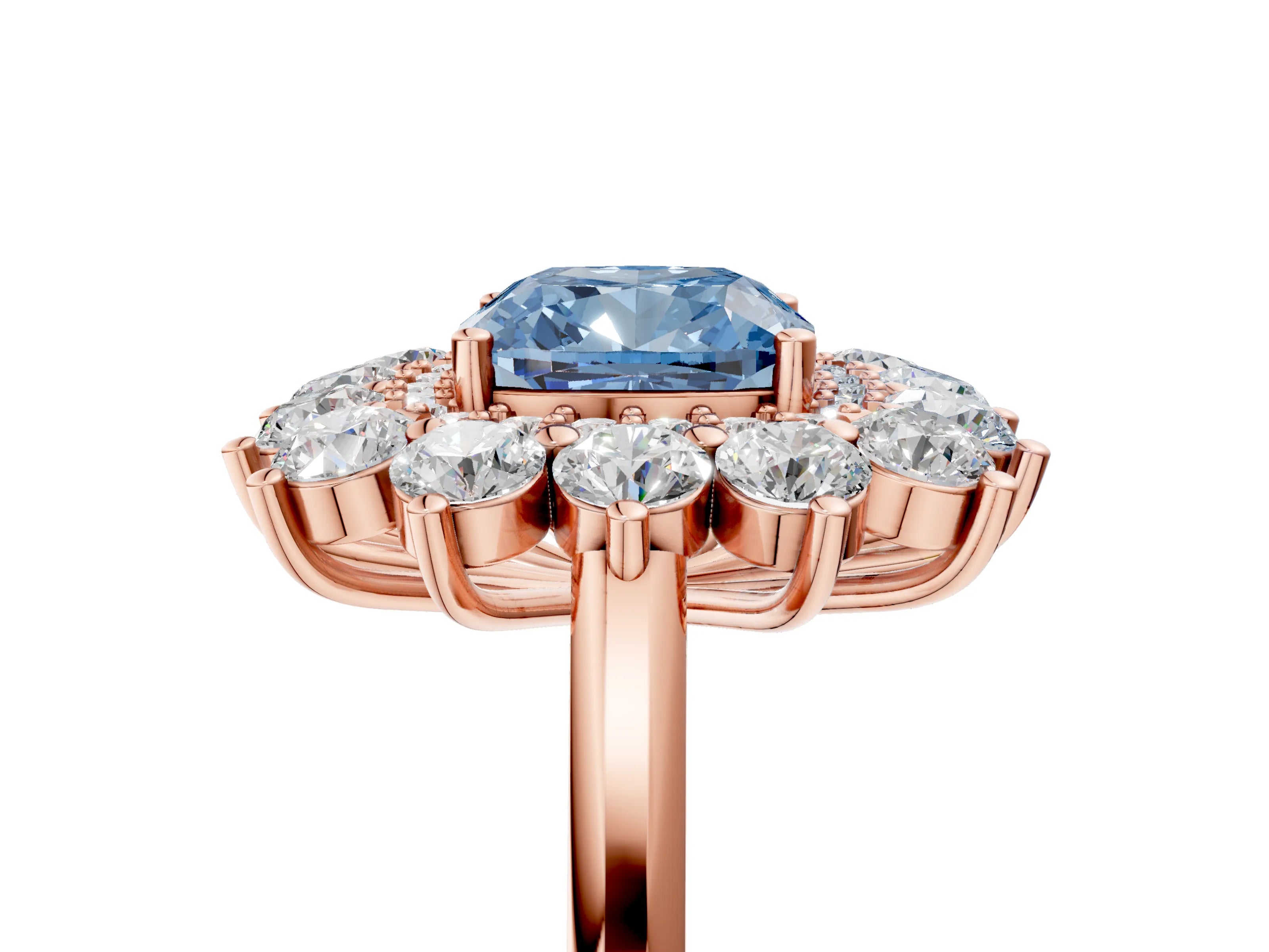 Rose gold Fancy Blue Cushion Cut Halo Cluster Diamond Ring with Pave Band and Four-Prong Setting_5