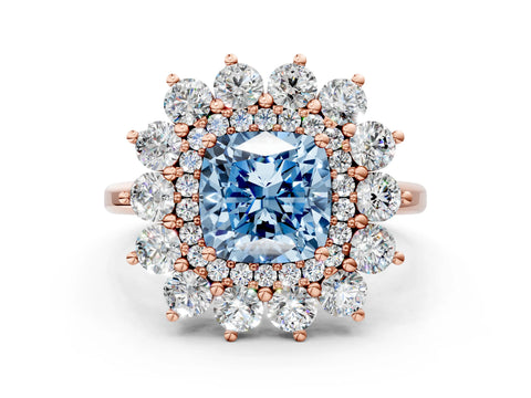 Rose gold Fancy Blue Cushion Cut Halo Cluster Diamond Ring with Pave Band and Four-Prong Setting