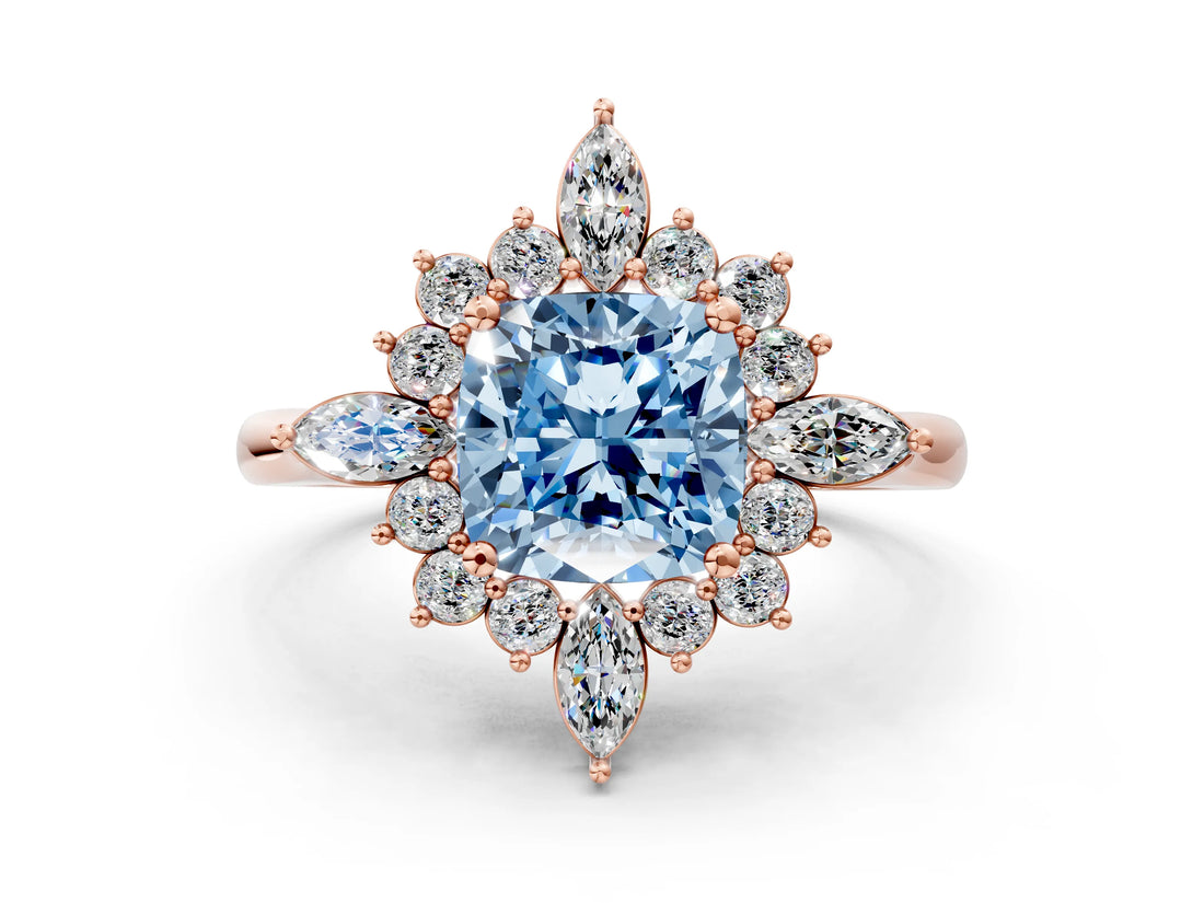 Rose gold Fancy Blue Cushion Cut Halo Diamond Cluster Ring with Marquise and Round Stones on a White Gold Band with Prong Setting