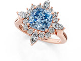 Rose gold Fancy Blue Cushion Cut Halo Diamond Cluster Ring with Marquise and Round Stones on a White Gold Band with Prong Setting_1