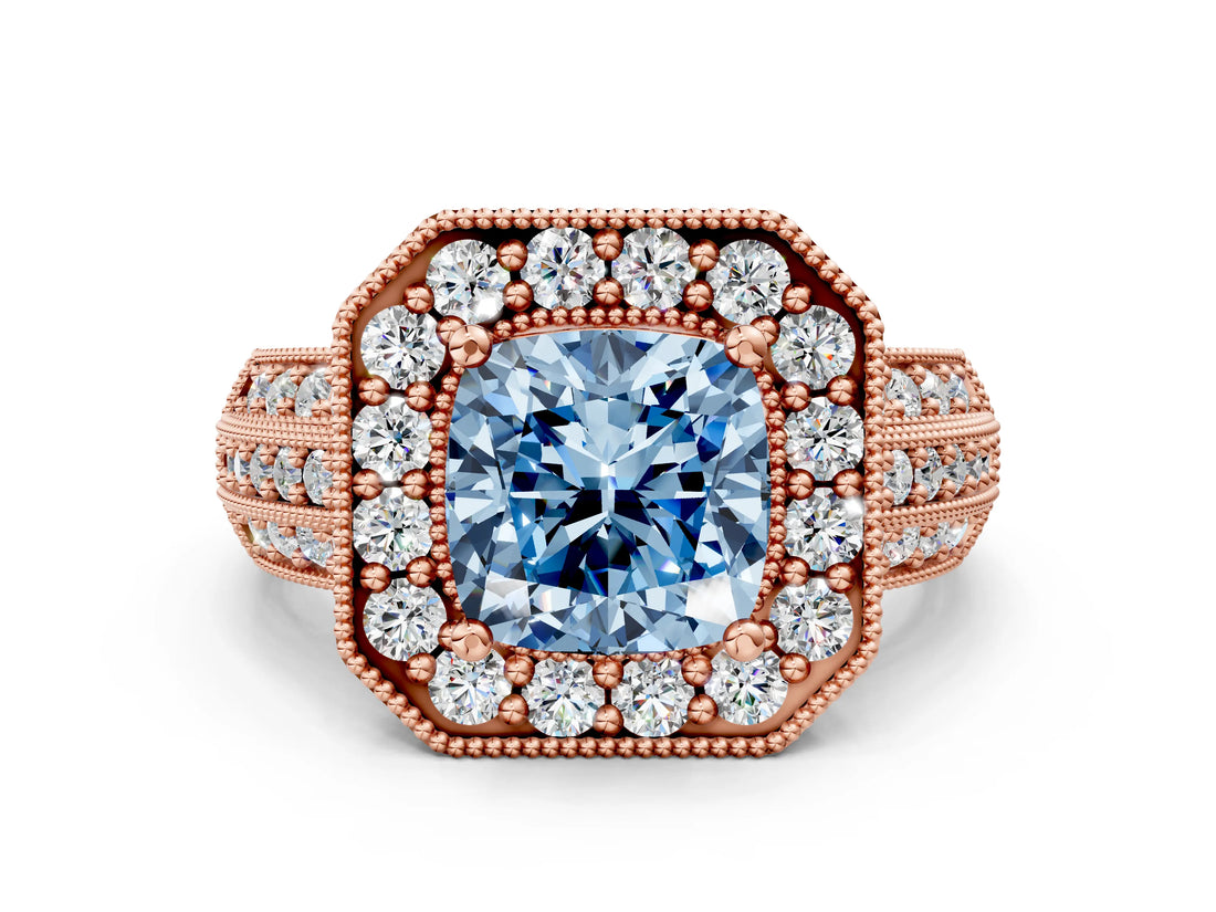 Rose gold Fancy Blue Cushion Cut Halo Diamond Engagement Ring with Pave Split Shank and Four-Prong Setting_12