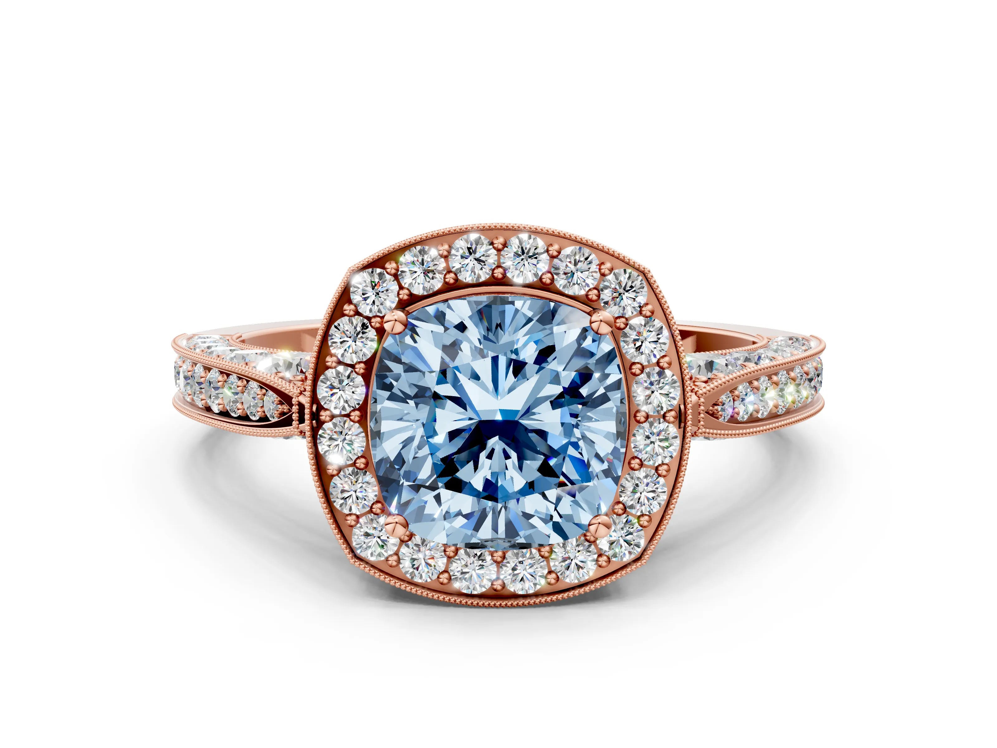 Rose gold Fancy Blue Cushion Cut Halo Diamond Engagement Ring with Split Shank Band and Four-Prong Setting