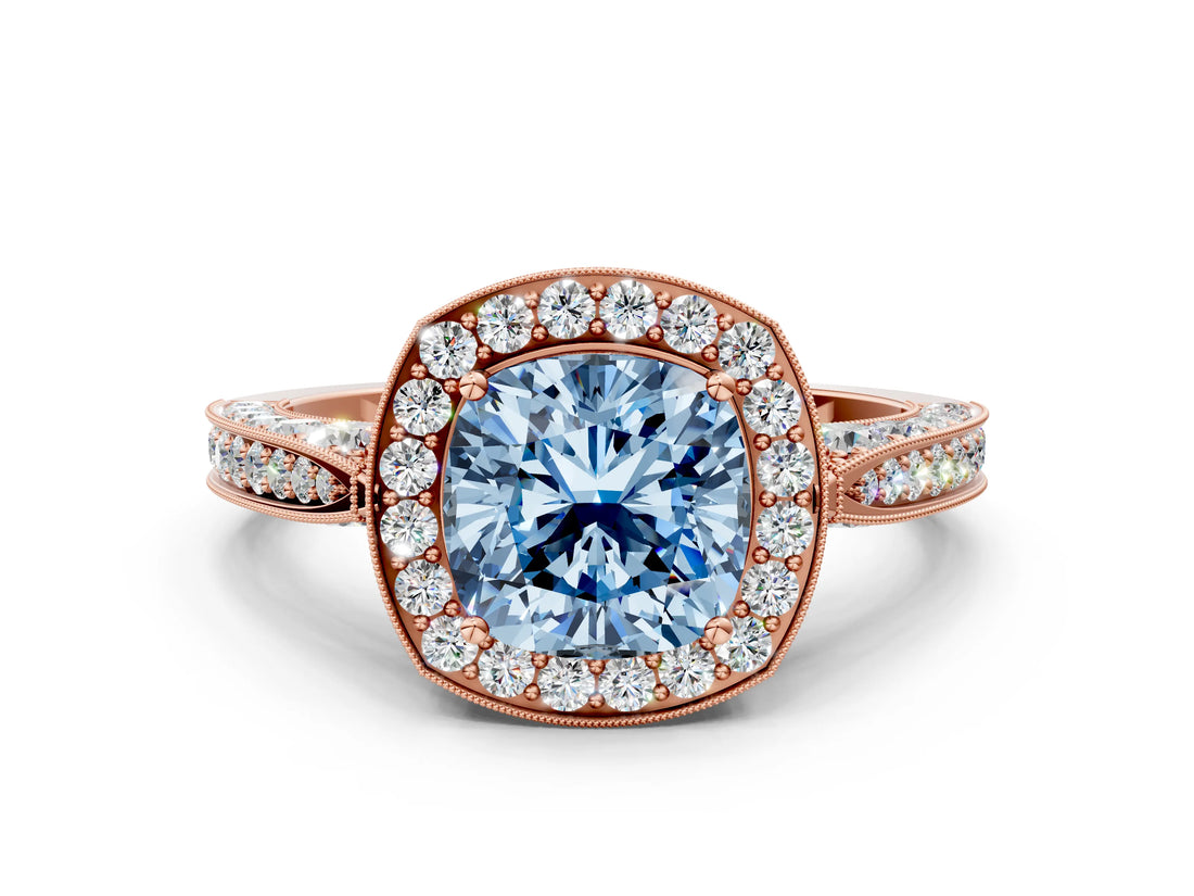 Rose gold Fancy Blue Cushion Cut Halo Diamond Engagement Ring with Split Shank Band and Four-Prong Setting