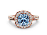 Rose gold Fancy Blue Cushion Cut Halo Diamond Engagement Ring with Split Shank Band and Four-Prong Setting