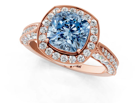 Rose gold Fancy Blue Cushion Cut Halo Diamond Engagement Ring with Split Shank Band and Four-Prong Setting_1