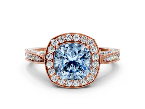 Rose gold Fancy Blue Cushion Cut Halo Diamond Engagement Ring with Split Shank Band and Four-Prong Setting