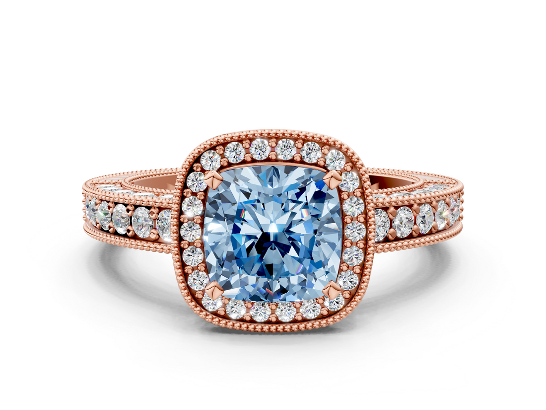 Rose gold Fancy Blue Cushion  Cut Halo Diamond Pave Band Ring with Four-Prong Setting_46