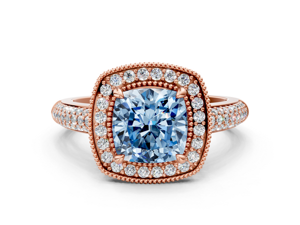 Rose gold Fancy Blue Cushion  Cut Halo Diamond Pave Band with Four-Prong Setting
