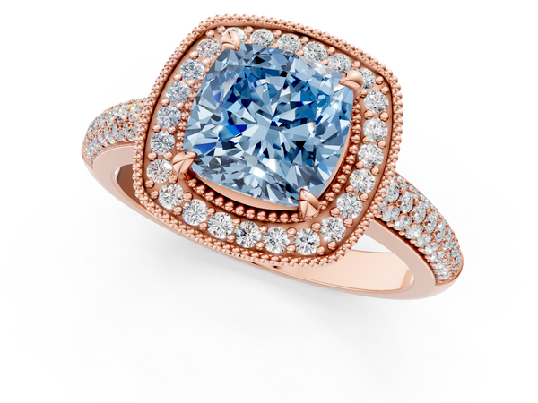 Rose gold Fancy Blue Cushion  Cut Halo Diamond Pave Band with Four-Prong Setting