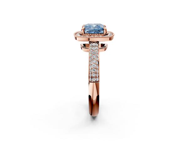 Rose gold Fancy Blue Cushion  Cut Halo Diamond Pave Band with Four-Prong Setting