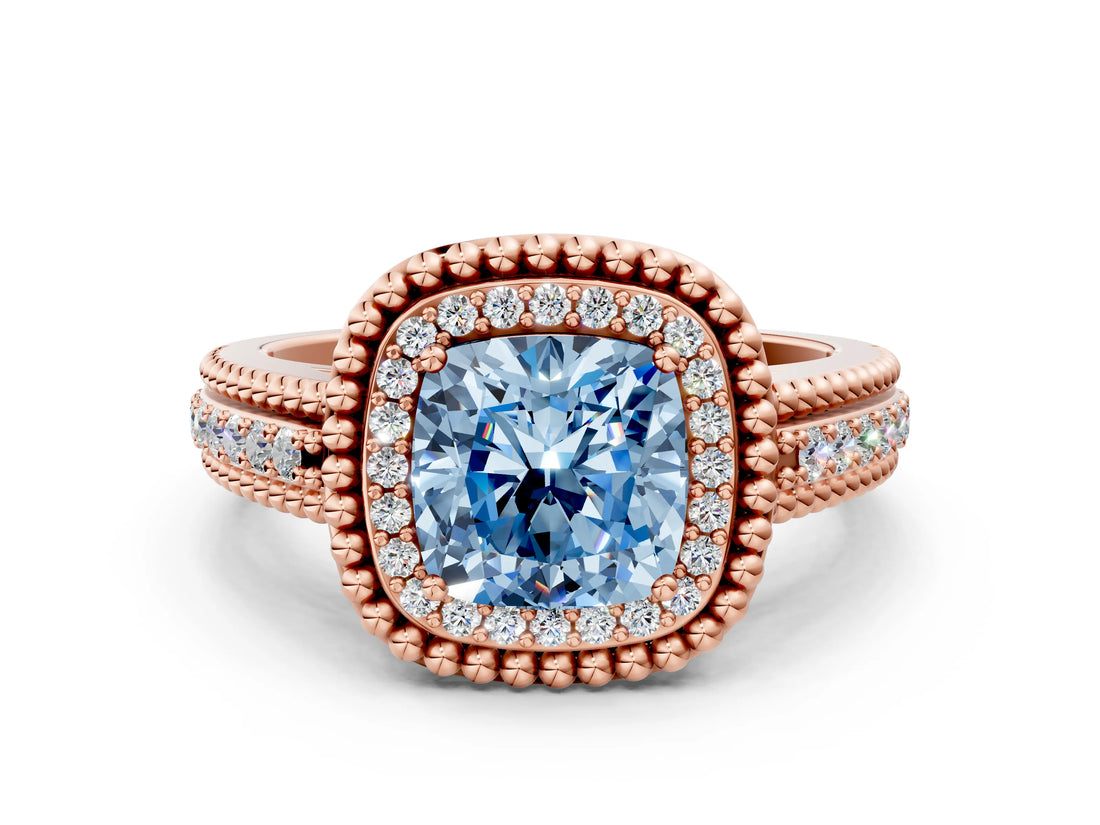 Rose gold Fancy Blue Cushion Cut Halo Diamond Ring with Beaded Split Shank and Four-Prong Setting