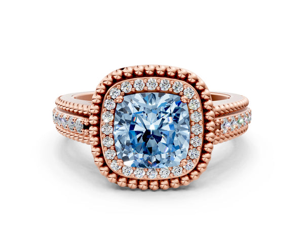 Rose Gold Cushion Cut Beaded Halo Engagement Ring Setting for Fancy Blue Center with Pave