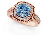 Rose gold Fancy Blue Cushion Cut Halo Diamond Ring with Beaded Split Shank and Four-Prong Setting_1
