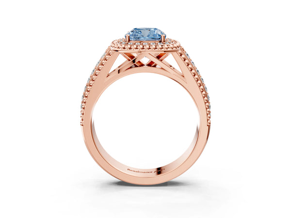 Rose Gold Cushion Cut Beaded Halo Engagement Ring Setting for Fancy Blue Center with Pave