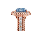 Rose gold Fancy Blue Cushion Cut Halo Diamond Ring with Beaded Split Shank and Four-Prong Setting_5