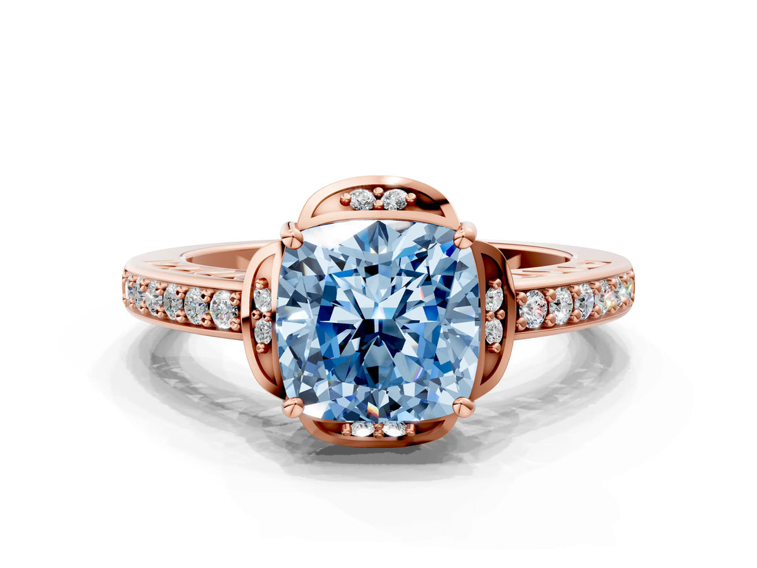 Rose gold Fancy Blue Cushion  Cut Halo Diamond Ring with Channel Set Band and Four-Prong Setting_32