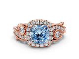 Rose gold Fancy Blue Cushion Cut Halo Diamond Ring with Milgrain and Bezel Accents on a Split Shank Band_12