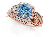 Rose gold Fancy Blue Cushion Cut Halo Diamond Ring with Milgrain and Bezel Accents on a Split Shank Band_13