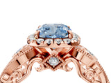 Rose gold Fancy Blue Cushion Cut Halo Diamond Ring with Milgrain and Bezel Accents on a Split Shank Band_16
