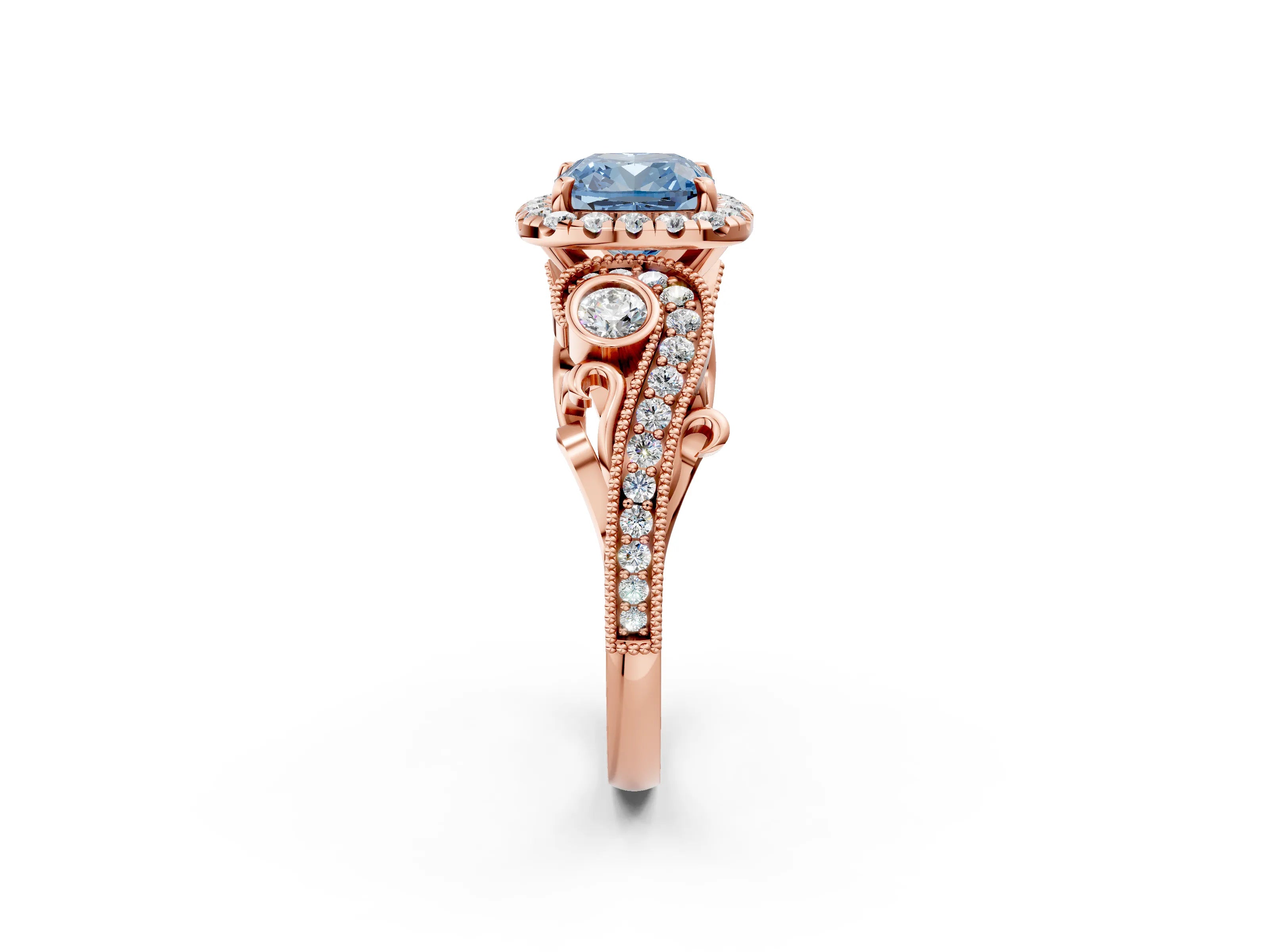 Rose gold Fancy Blue Cushion Cut Halo Diamond Ring with Milgrain and Bezel Accents on a Split Shank Band_2