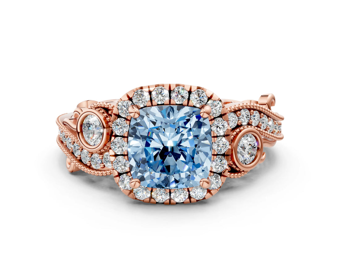 Rose gold Fancy Blue Cushion Cut Halo Diamond Ring with Milgrain and Bezel Accents on a Split Shank Band_24