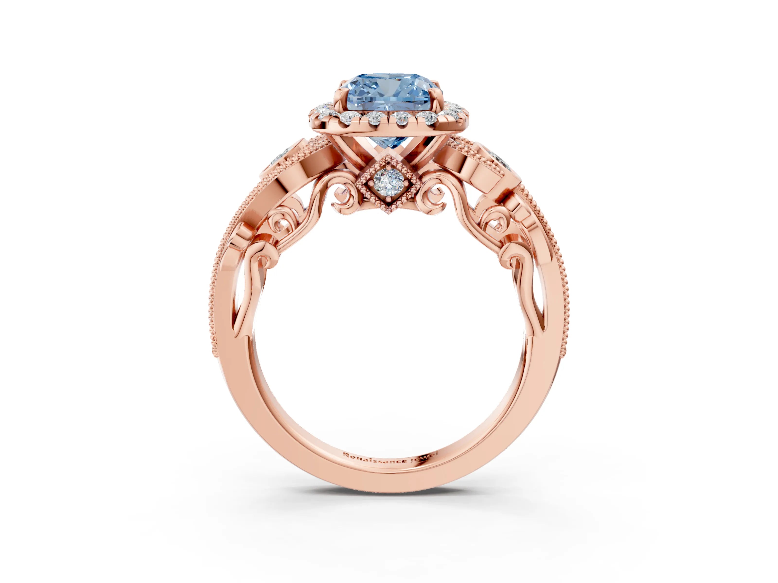 Rose gold Fancy Blue Cushion Cut Halo Diamond Ring with Milgrain and Bezel Accents on a Split Shank Band_3