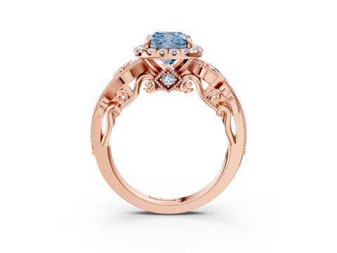 Rose gold Fancy Blue Cushion Cut Halo Diamond Ring with Milgrain and Bezel Accents on a Split Shank Band_3
