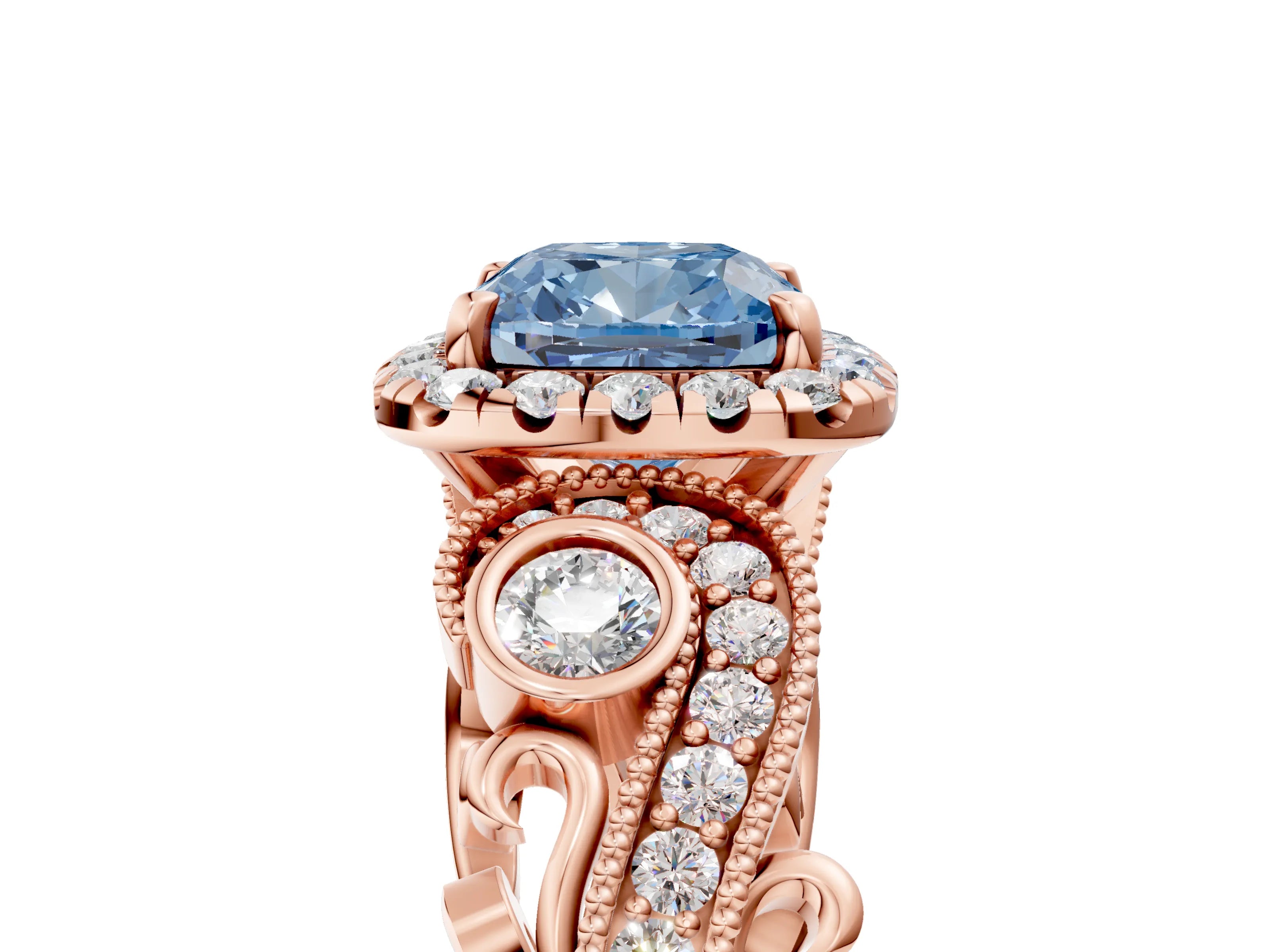 Rose gold Fancy Blue Cushion Cut Halo Diamond Ring with Milgrain and Bezel Accents on a Split Shank Band_5