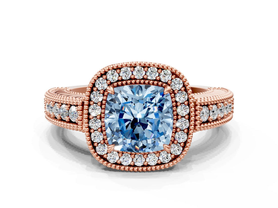 Rose gold Fancy Blue Cushion  Cut Halo Diamond Ring with Pavé Band and Four-Prong Setting_69