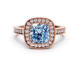 Rose gold Fancy Blue Cushion  Cut Halo Diamond Ring with Pavé Band and Milgrain Prong Setting_32